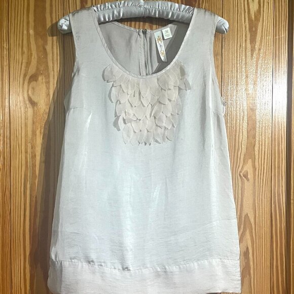 ADIVA Satin Feel Sleeveless Top / Shell Ruffle 3D Floral Appliqué Accent Ivory - Picture 1 of 11
